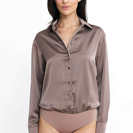 Satin Shapewear Bodysuit Beige for Women Long Sleeve - Très Elite