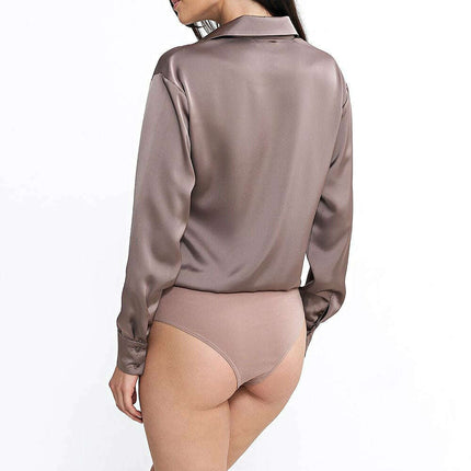 Satin Shapewear Bodysuit Beige for Women Long Sleeve - Très Elite