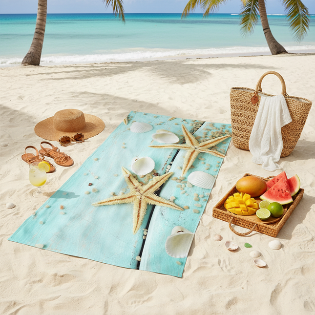 Nautical Coastal Print Beach Towel — Quick-Dry Microfiber | Starfish, Sand, Turquoise, Beach