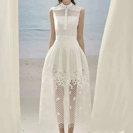 Sleeveless Blazer with Lace Long Skirt and Elegant Hollow Out Details