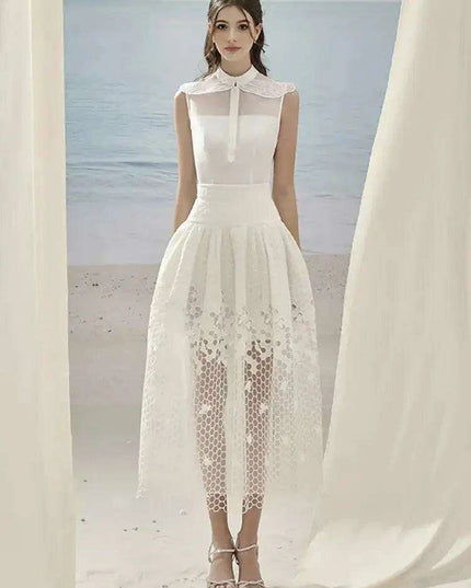 Sleeveless Blazer with Lace Long Skirt and Elegant Hollow Out Details