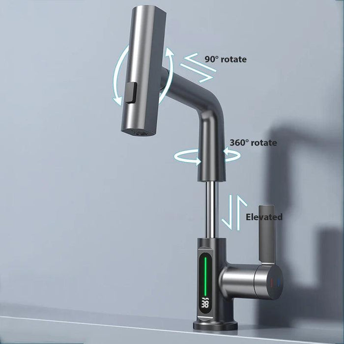 Digital Waterfall Basin Faucet with Lift Up/Down Stream Sprayer and Temperature Display