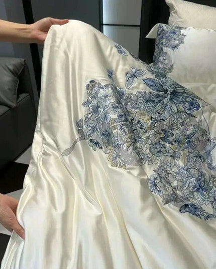 Luxurious Butterfly Embroidery Satin Silk Cotton Bedding Set - Silky Brocade Duvet Cover, Bed Sheet & Pillowcases (4 Piece Collection)