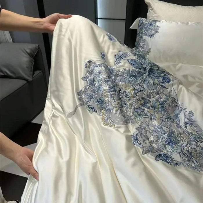 Luxurious Butterfly Embroidery Satin Silk Cotton Bedding Set - Silky Brocade Duvet Cover, Bed Sheet & Pillowcases (4 Piece Collection)