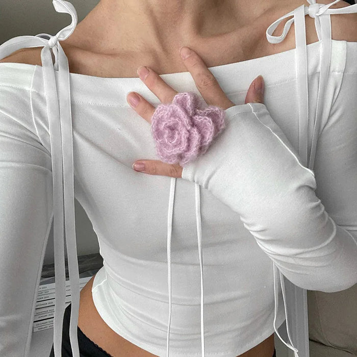 Sexy Bow Off Shoulder Skinny Tops for Women Autumn Winter Y2K Fashion Long Sleeve T-shirts Solid Basic Streetwear 2023