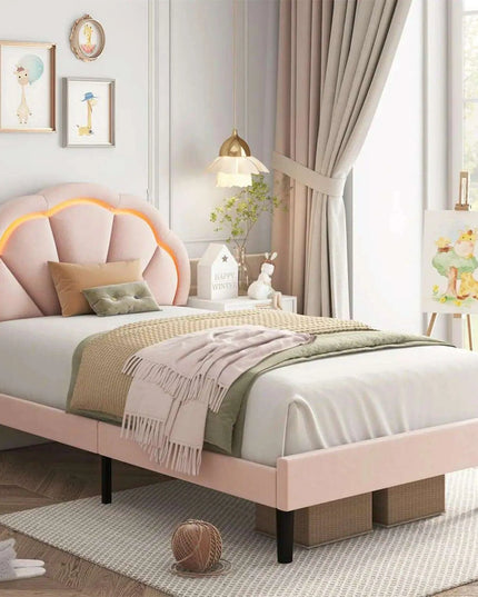 Elegant Velvet LED Flower Headboard Bed Frame - Full Size with Customizable Lighting Features