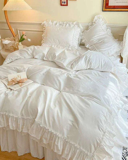 Chic White and Pink Ruffled 100% Cotton Girls' Duvet Cover Set with Pillowcases - Soft and Stylish Bedding