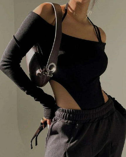 Chic Off-Shoulder Long Sleeve Bodycon Bodysuit - Essential High Waist Black Nightlife Outfit for Women