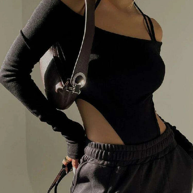 Chic Off-Shoulder Long Sleeve Bodycon Bodysuit - Essential High Waist Black Nightlife Outfit for Women