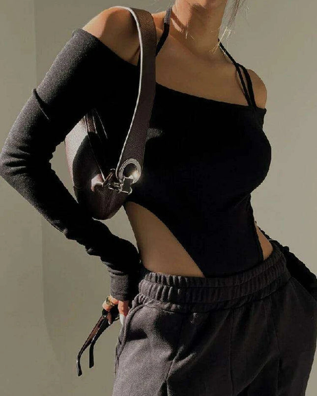 Chic Off-Shoulder Long Sleeve Bodycon Bodysuit - Essential High Waist Black Nightlife Outfit for Women