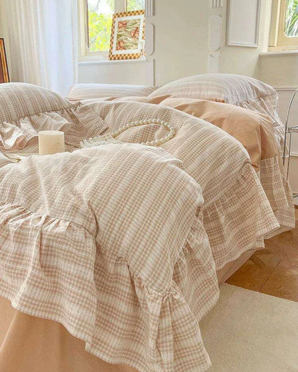 Elegant 4-Piece French Vintage Plaid Cotton Bedding Set with Ruffled Duvet Cover and Bed Skirt