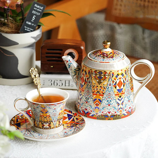 Palace Style Ceramic Coffee Pot Set with Bone China Cups and Saucers