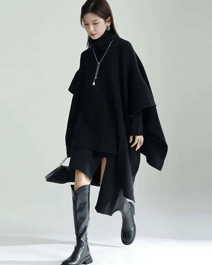 Trendy Women's Asymmetrical Gray Knit Turtleneck Dress - Loose Long Sleeve for Spring & Autumn 2024