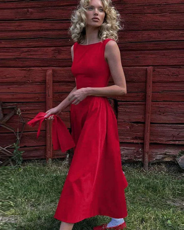 Sleeveless A-line Maxi Gown - Elegant Backless High Waist Dress