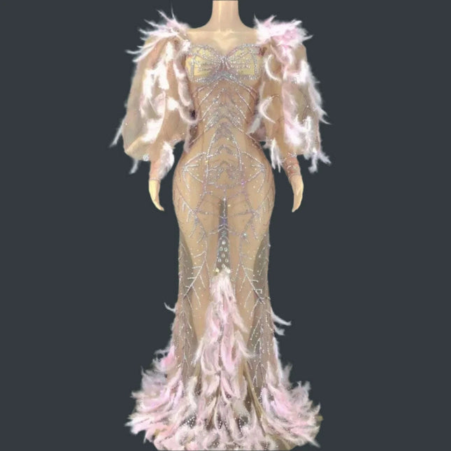 Glamorous Pink Diamond Feathered Mermaid Evening Dress