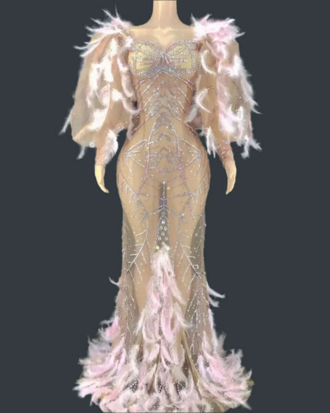 Glamorous Pink Diamond Feathered Mermaid Evening Dress