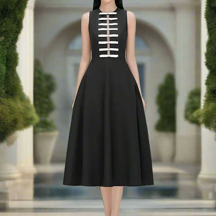 Elegant Sleeveless Women's Party Dress with Bow Accent and Cut-Out Waist - Solid Color Summer Fashion 2024