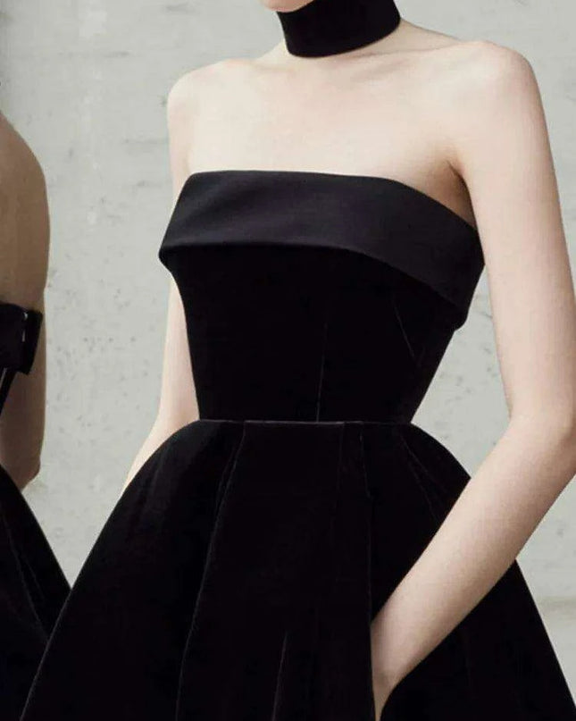 Strapless High Waist Velvet Pleated Evening Gown for Women