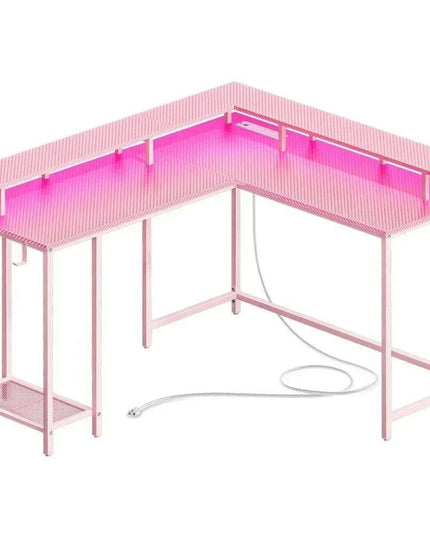 Pink Carbon Fiber L-Shaped Gaming Desk with Custom LED Ambiance, Power Ports, and Ample Storage
