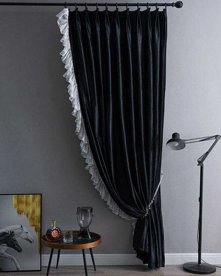 Luxurious French-Style Black Velvet Lace Blackout Drapes with Romantic Ruffles for Stylish Interiors