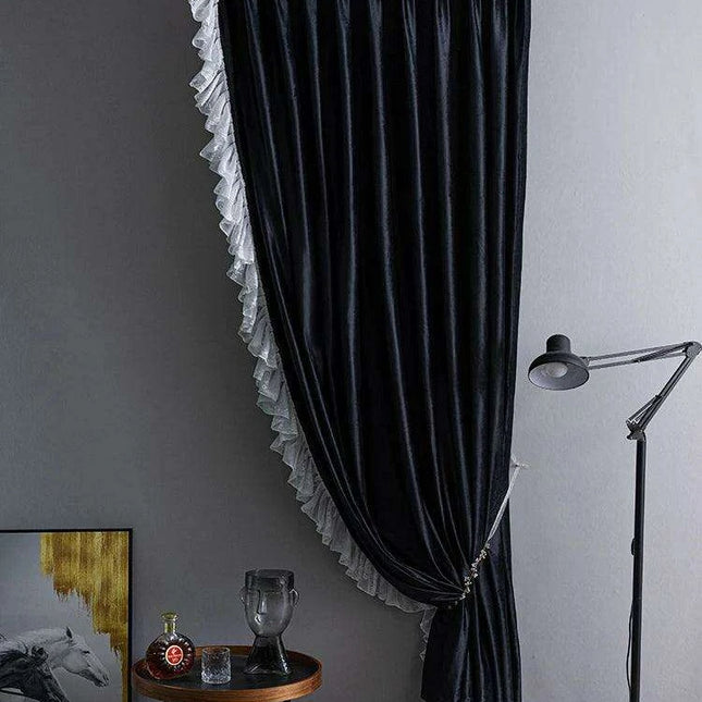 Luxurious French-Style Black Velvet Lace Blackout Drapes with Romantic Ruffles for Stylish Interiors