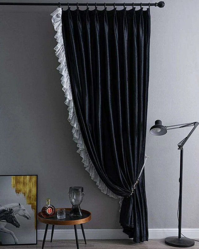 Luxurious French-Style Black Velvet Lace Blackout Drapes with Romantic Ruffles for Stylish Interiors