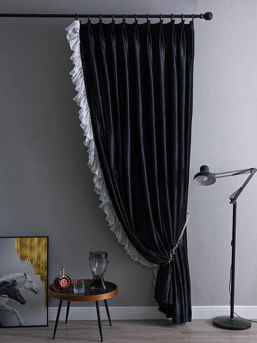Luxurious French-Style Black Velvet Lace Blackout Drapes with Romantic Ruffles for Stylish Interiors