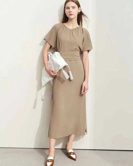 Chic Minimalist V-Neck Pleated Summer Dress with Lace-Up Detail for Women