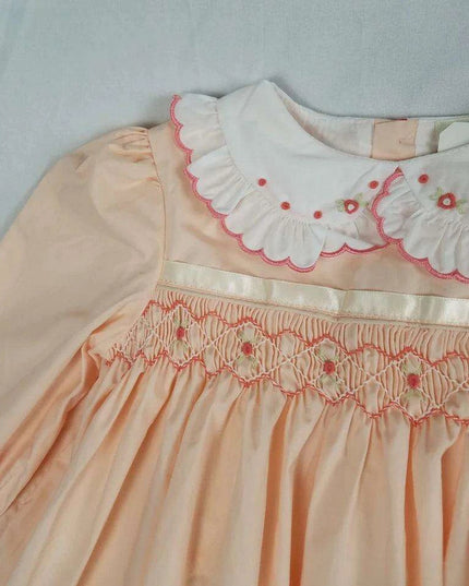 Delightful Vintage-Inspired Pink Smocked Dress for Girls - Long Sleeve Autumn Collection with Elegant Embroidery