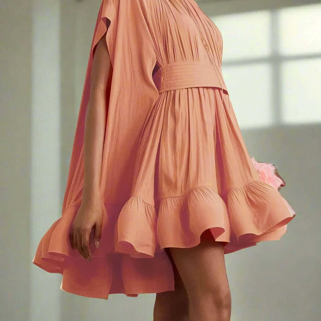 GALCAUR Women's Stylish High Waist A-Line Dress with Pleats and Lace-Up Detail, Round Neck, Short Sleeves