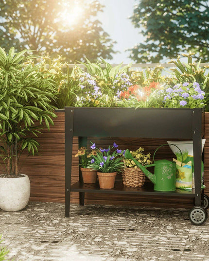 Elevated Galvanized Steel Mobile Garden Planter with Storage and Wheels