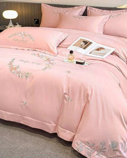Elegant Floral Embroidered Egyptian Cotton Bedding Collection - Duvet Cover, Bed Sheet & Pillowcases in Soft Pastels