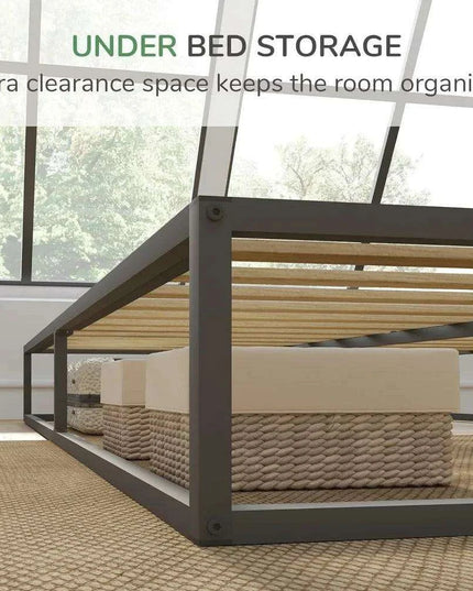 Sophisticated Black Metal Queen Platform Bed Frame with Wood Slats - Quiet and Easy to Assemble