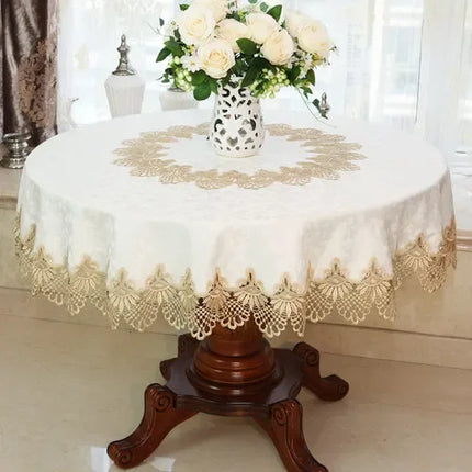 Embroidered Lace Round Tablecloth — Pastoral Rose Gold Table Linen