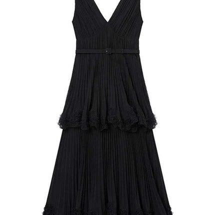 Pleated V-neck Chiffon Evening Dress with Slim Waist Design for Women