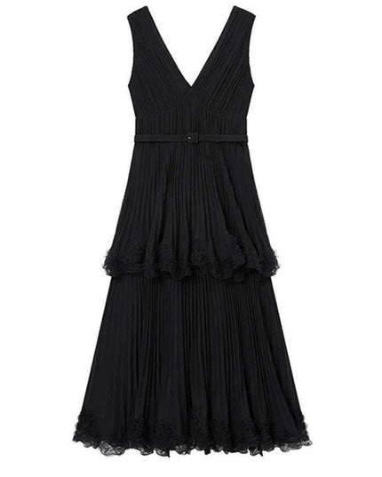 Pleated V-neck Chiffon Evening Dress with Slim Waist Design for Women