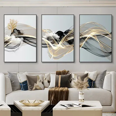 Golden Deer Nordic Ribbon Abstract Landscape 3-Piece Canvas Art Set - Elegant Home Decor Addition