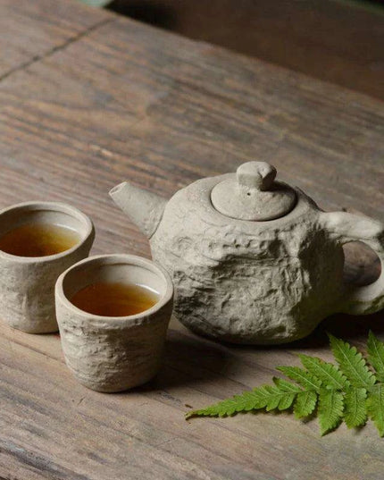 Artisanal Rustic Ceramic Teapot and Teacup Set with Hard Stone Finish