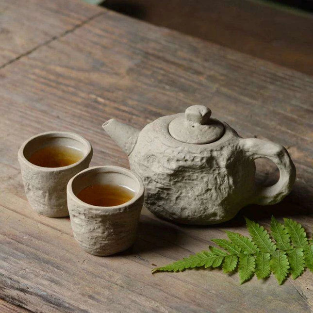 Artisanal Rustic Ceramic Teapot and Teacup Set with Hard Stone Finish