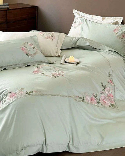 Luxurious 1000TC Egyptian Cotton Floral Embroidered Bedding Set - Cream, Pink, and Green Duvet Cover, Sheet, and Pillowcases