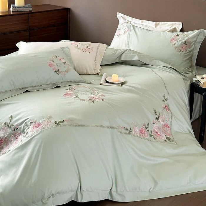 Luxurious 1000TC Egyptian Cotton Floral Embroidered Bedding Set - Cream, Pink, and Green Duvet Cover, Sheet, and Pillowcases