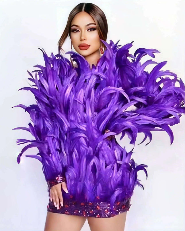 Purple Feathered Backless Mini Dress for Dazzling Night Out