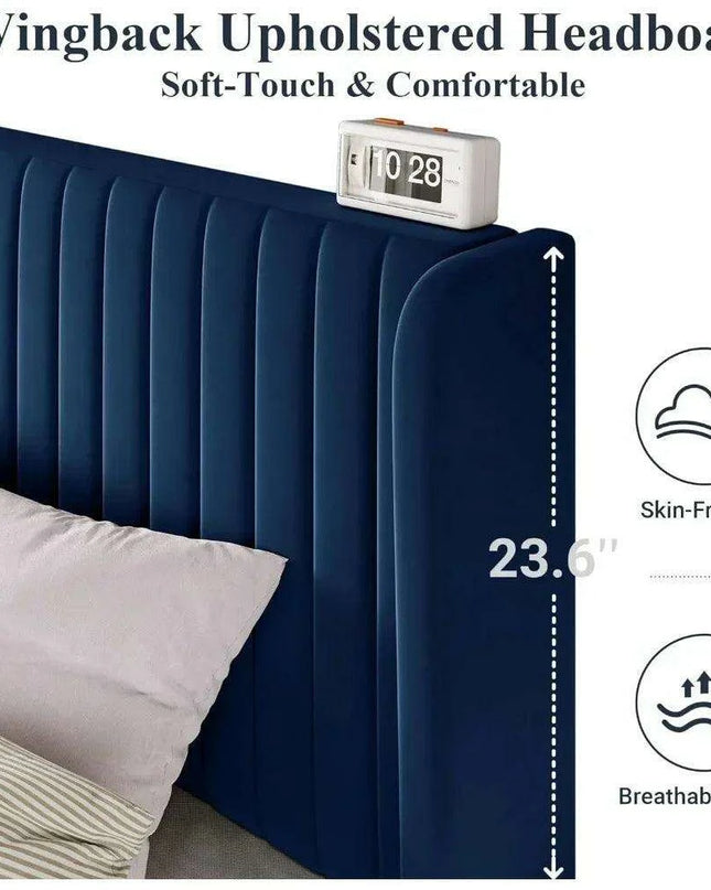 Elegant Blue Velvet Wingback Bed Frame with Smart Under-Bed Storage - Chic & Comfortable Design