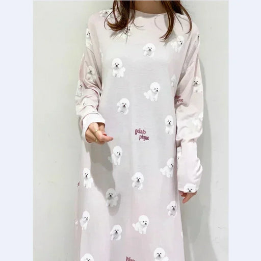 Room Wear Ladies Pajamas Autumn and Winter New Women's Nightdress Teddy Bichon Pomeranian Long Sleeve Dress Cotton