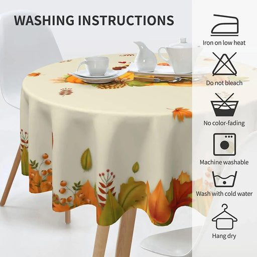 Turkey Harvest Feast Round Tablecloth | Autumn Leaves Design | 60 Inches