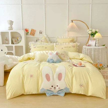 Charming Rabbit Applique Washed Cotton Bedding Set for Girls