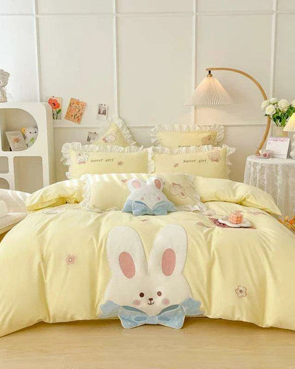 Charming Rabbit Applique Washed Cotton Bedding Set for Girls