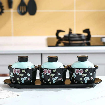 Sophisticated Ceramic Spice Organizer Set - Stew Cup, Oil Dispenser, and Sauce Holder