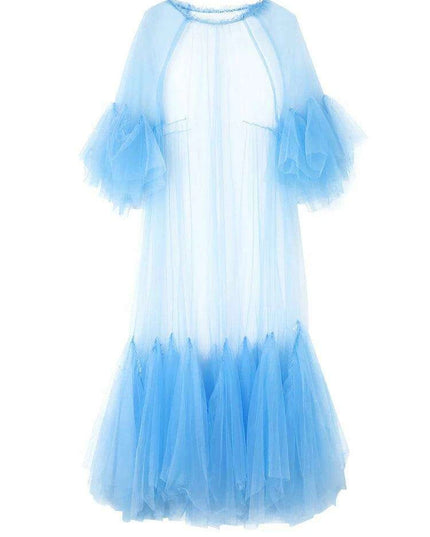 Plus Size Women's Blue Mesh Long Dress with Round Neck & 3/4 Sleeves - 2024 Spring Autumn Fashion JR77105