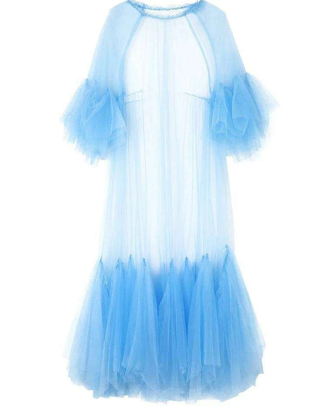 Plus Size Women's Blue Mesh Long Dress with Round Neck & 3/4 Sleeves - 2024 Spring Autumn Fashion JR77105